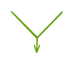 Two wide lines converging down to a single point, with an arrow continuing straight down from that point
