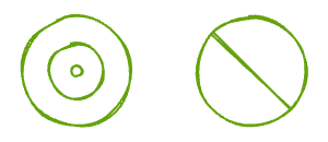 Two circles side by side: the left one is a bullseye, the right one has a diagonal line struck through it